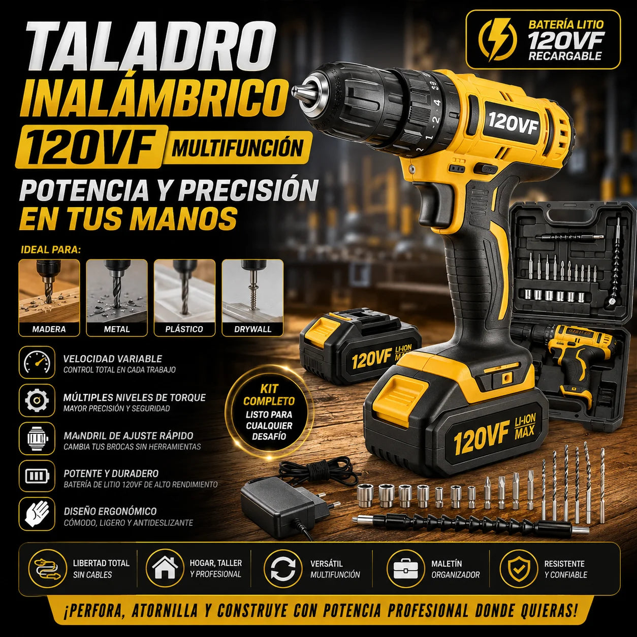 TALADRO INALÁMBRICO 120V – Potencia y Precisión